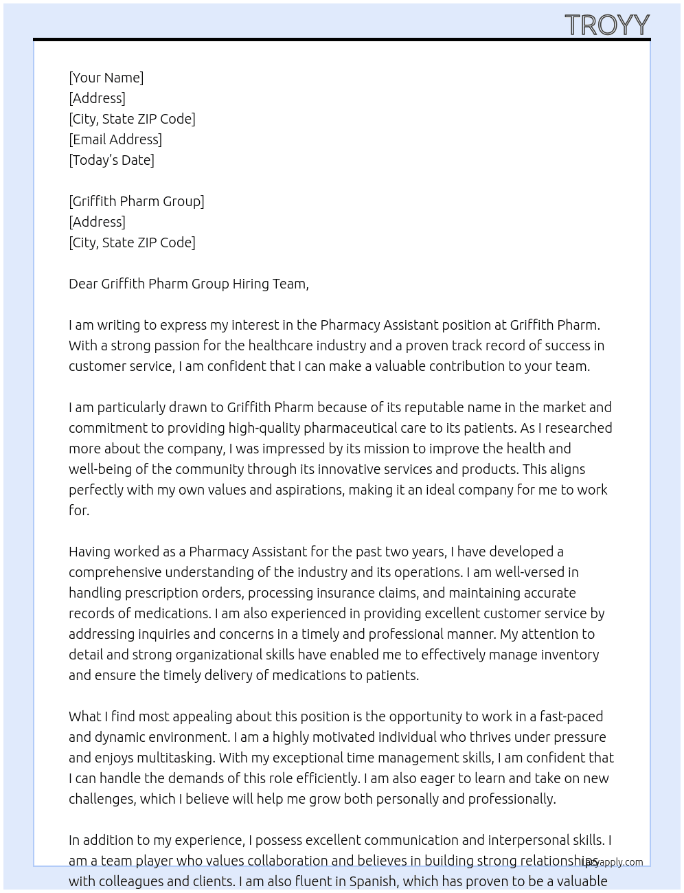 Pharmacy assistant At Griffith pharm Cover Letter