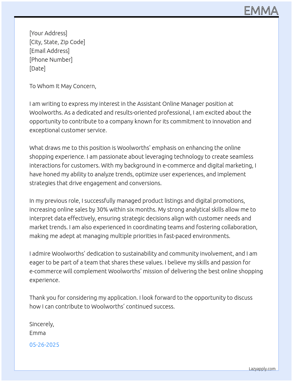 Assistant online manager At Woolworths Cover Letter