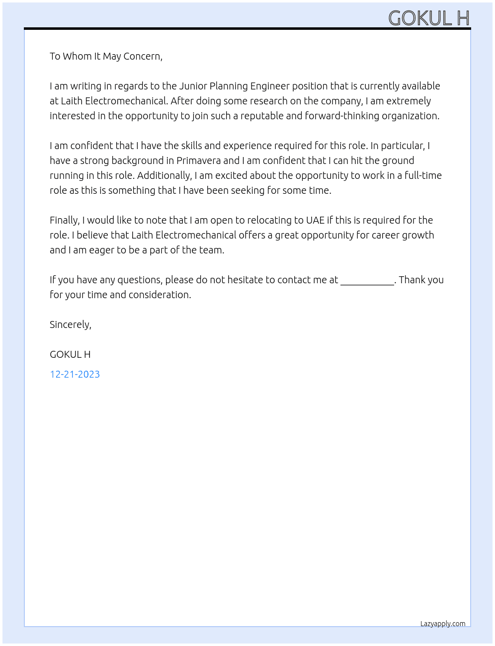 Junior Planning Engineer At Laith Electromechanical Cover Letter