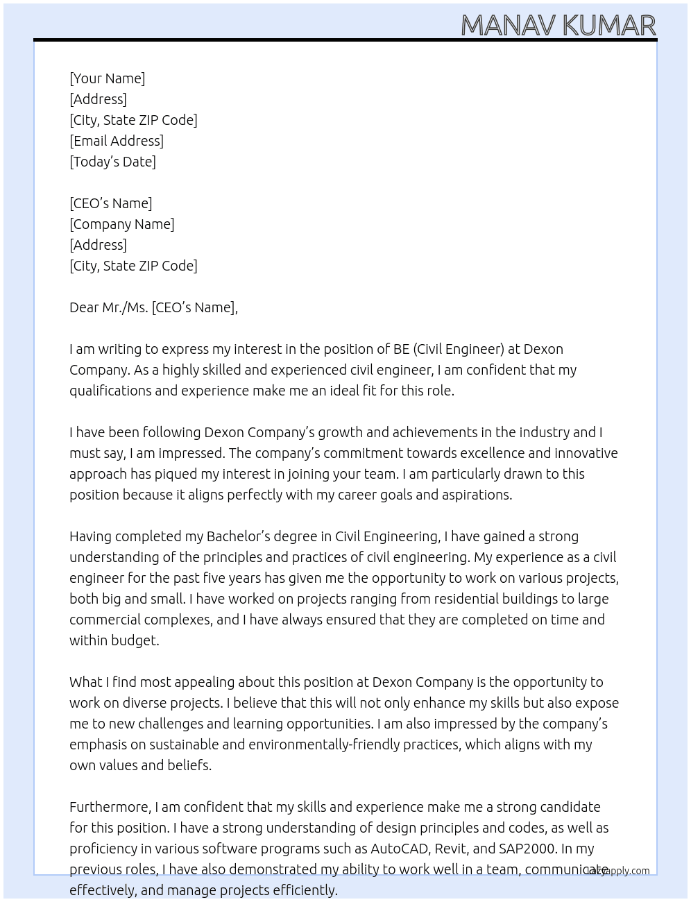 BE ( Civil Engineer) At DEXON COMPANY Cover Letter