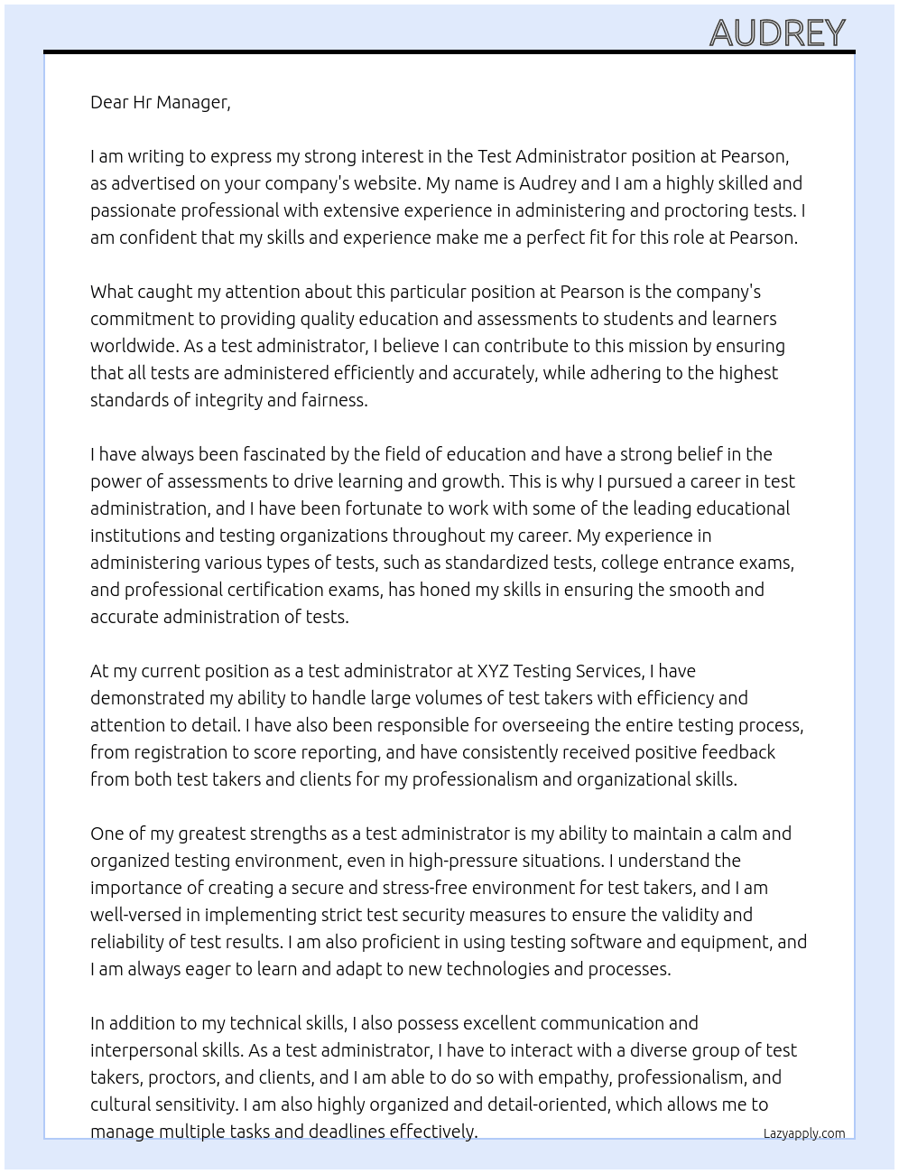 Test administrator At Pearson  Cover Letter