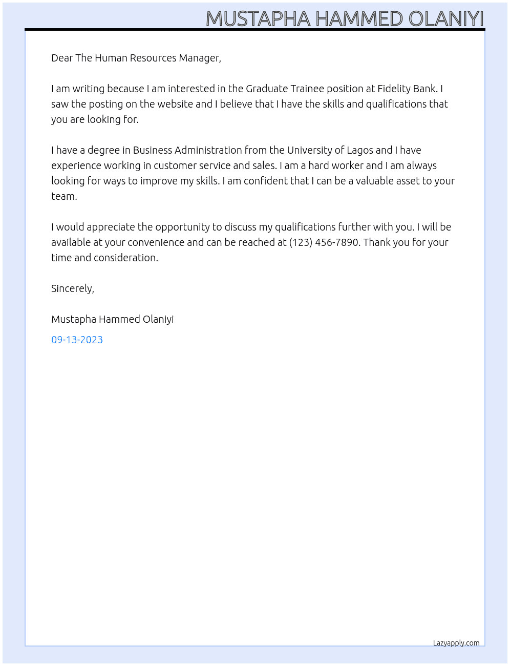 Graduate Trainee At Fidelity Bank Cover Letter
