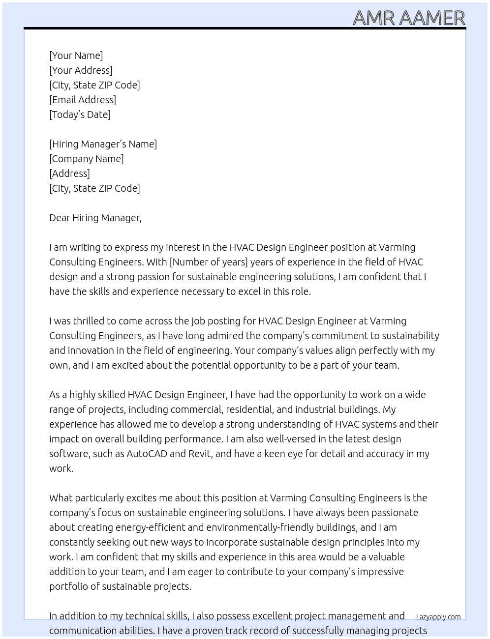 HVAC Design Engineer  At Varming Consulting Engineers Cover Letter