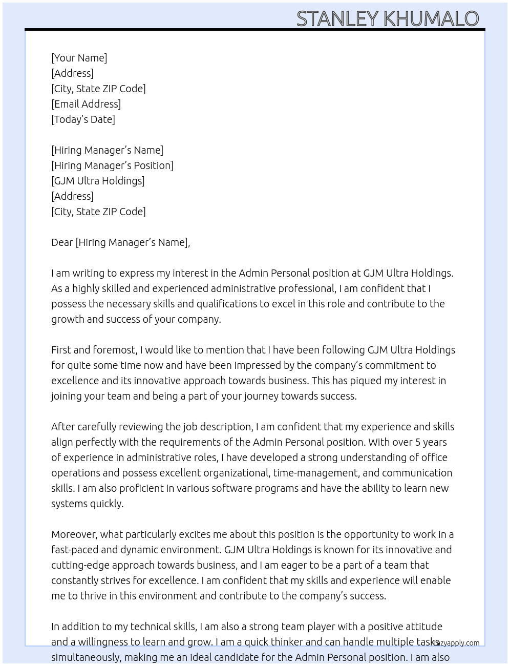admin personal  At gjm ultra holdings Cover Letter