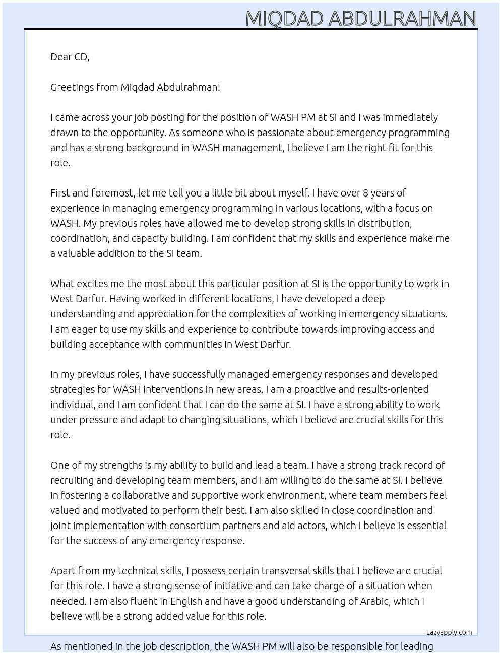 Cover letter for wash pm - LazyApply