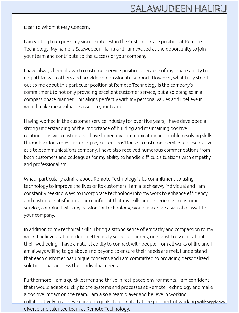 customer care At REMOTE TECHNOLOGY Cover Letter