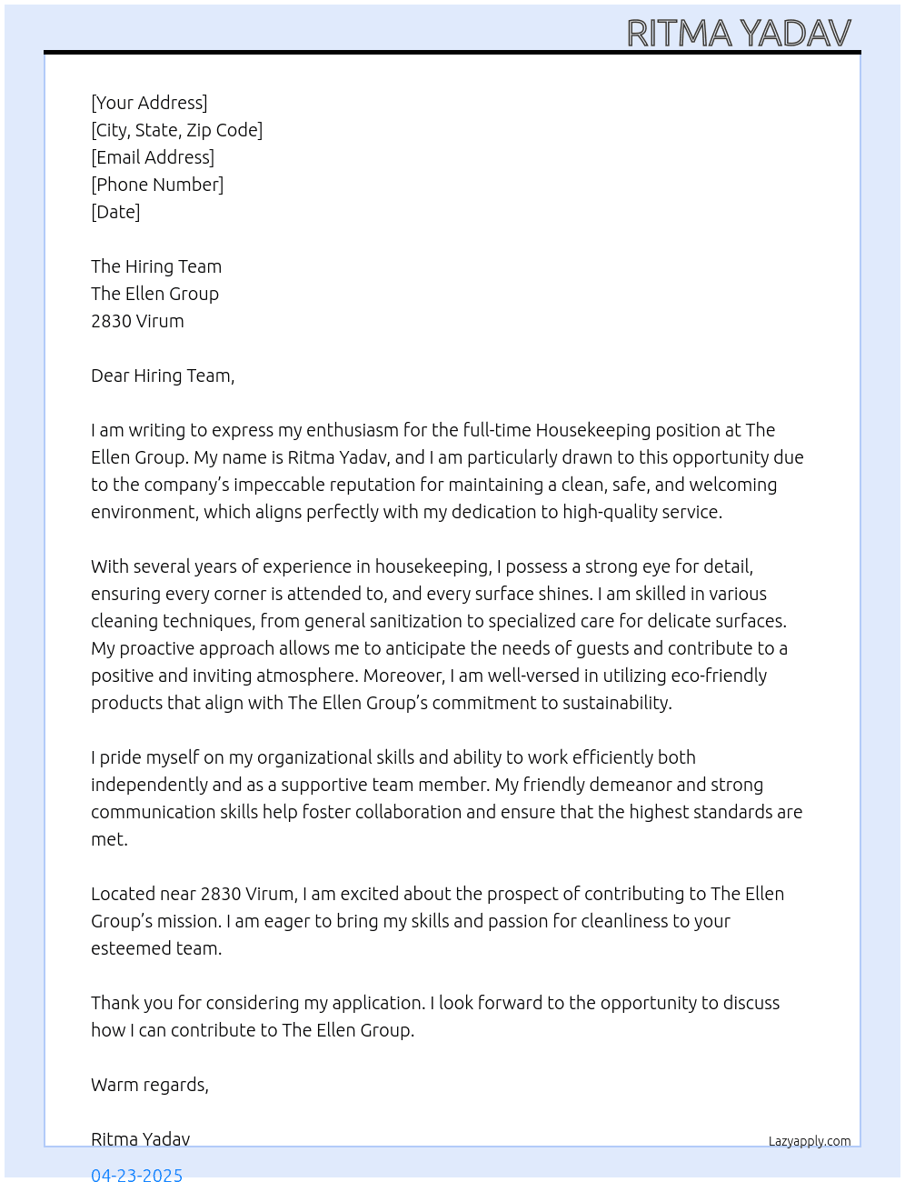 Housekeeping  At The Ellen Group Cover Letter