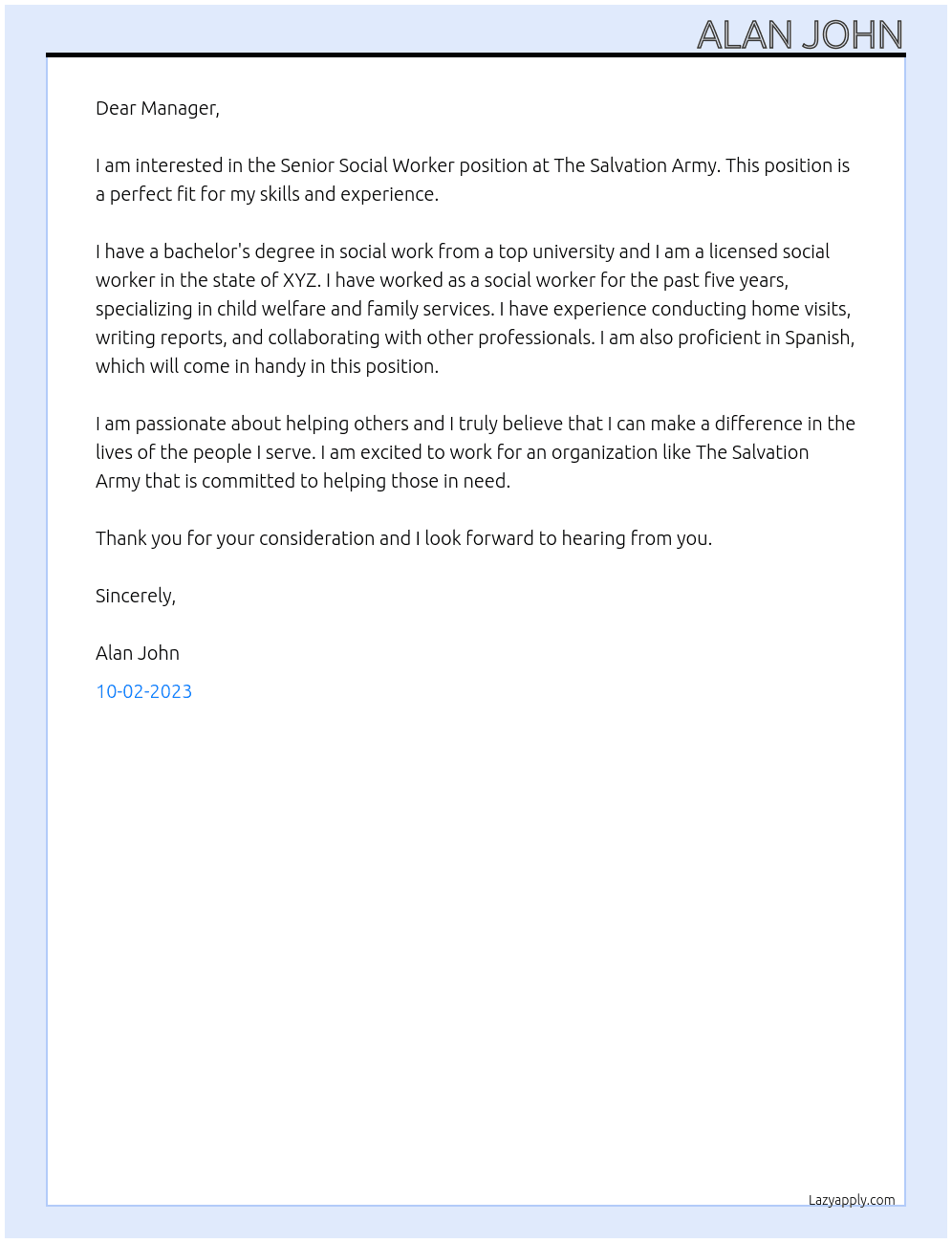 Senior Social worker At The Salvation Army Cover Letter