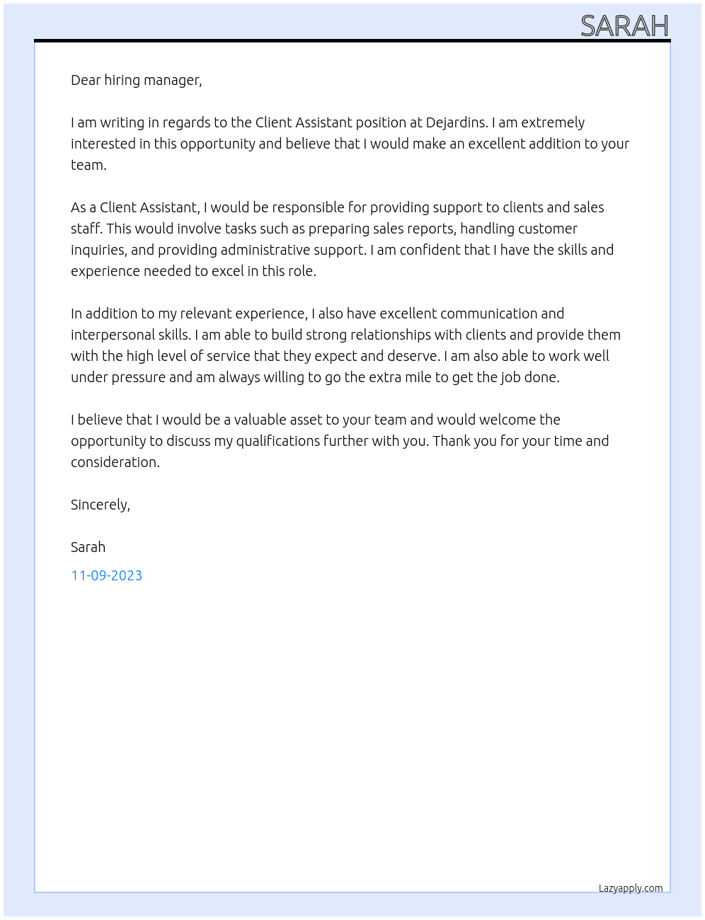 Client Assistant At Dejardins Cover Letter