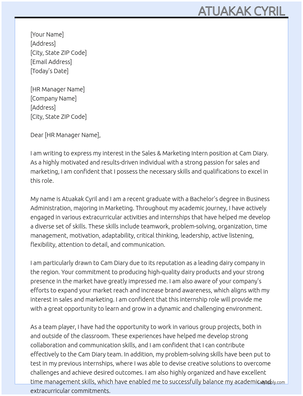 Sales & Marketing Intern At Cam Diary Cover Letter