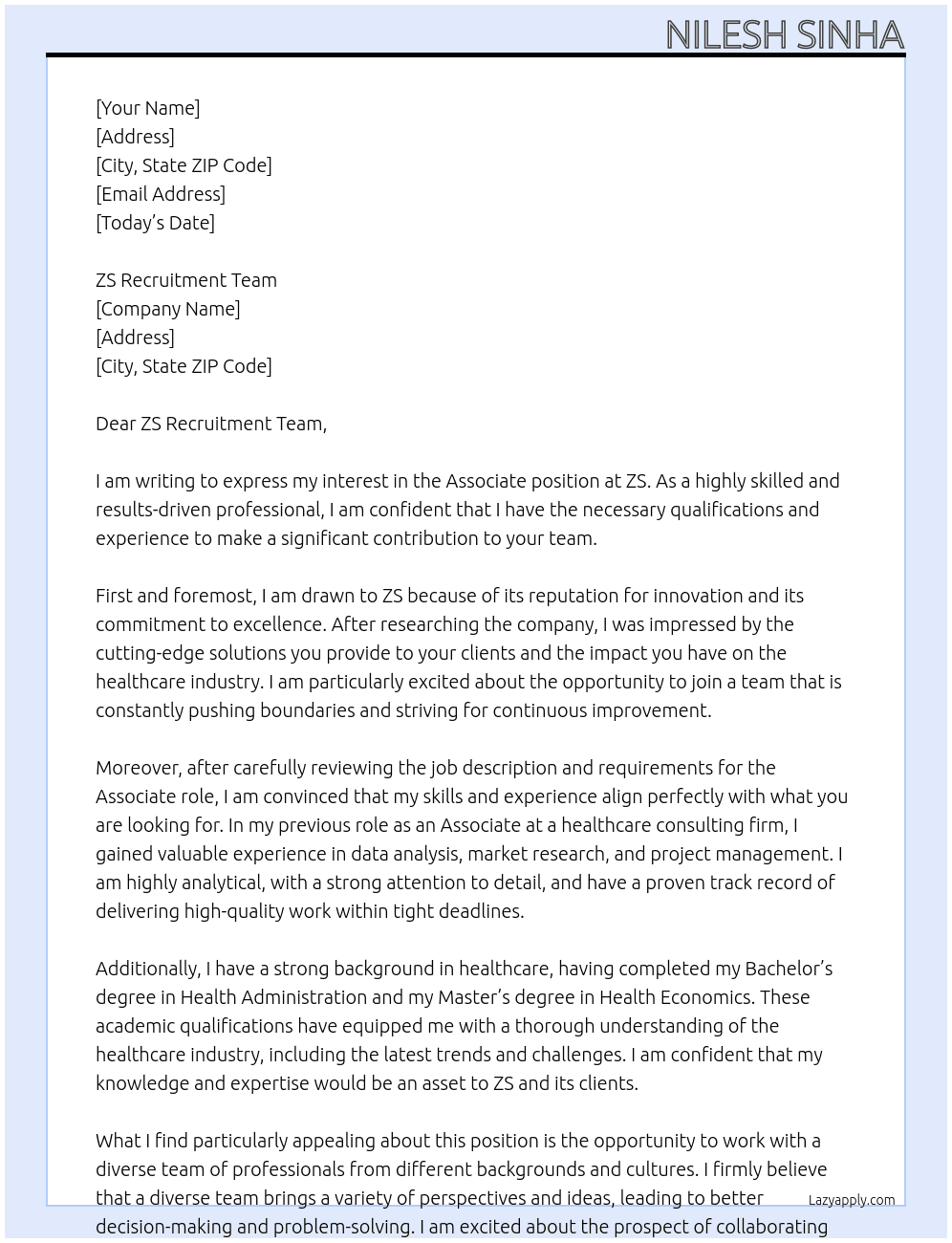 Associate At ZS Cover Letter