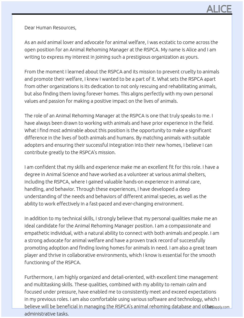 Animal rehoming manager At RSPCA Cover Letter