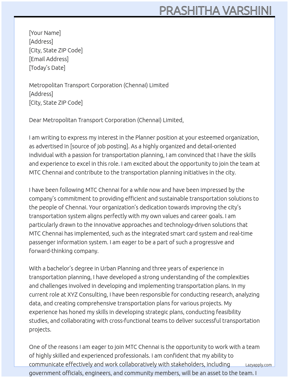 planner At Fellowship Application – MTC Chennai Cover Letter