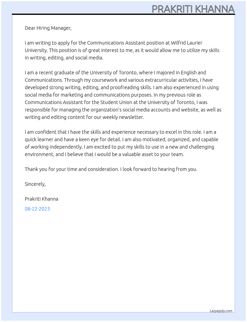 Communications Assistant At Wilfrid Laurier University Cover Letter