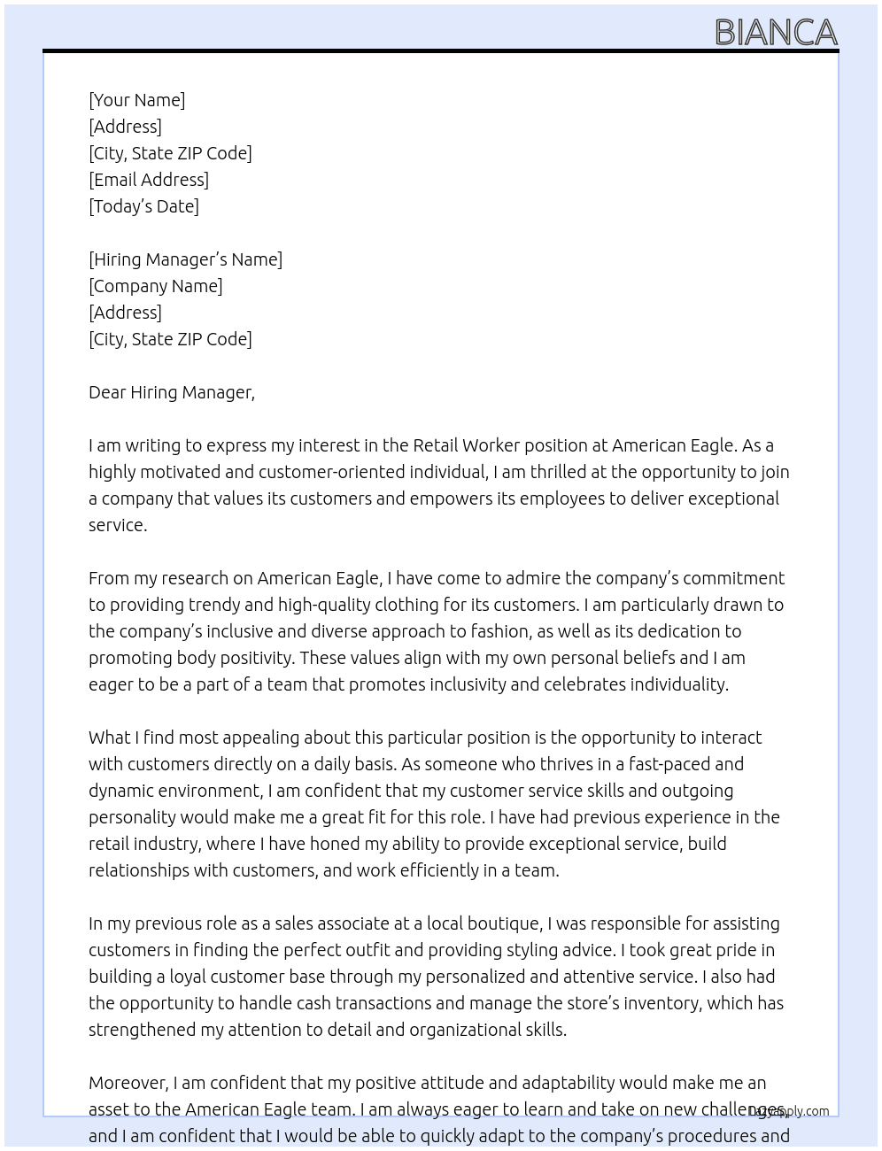 Retail Worker At American Eagle Cover Letter