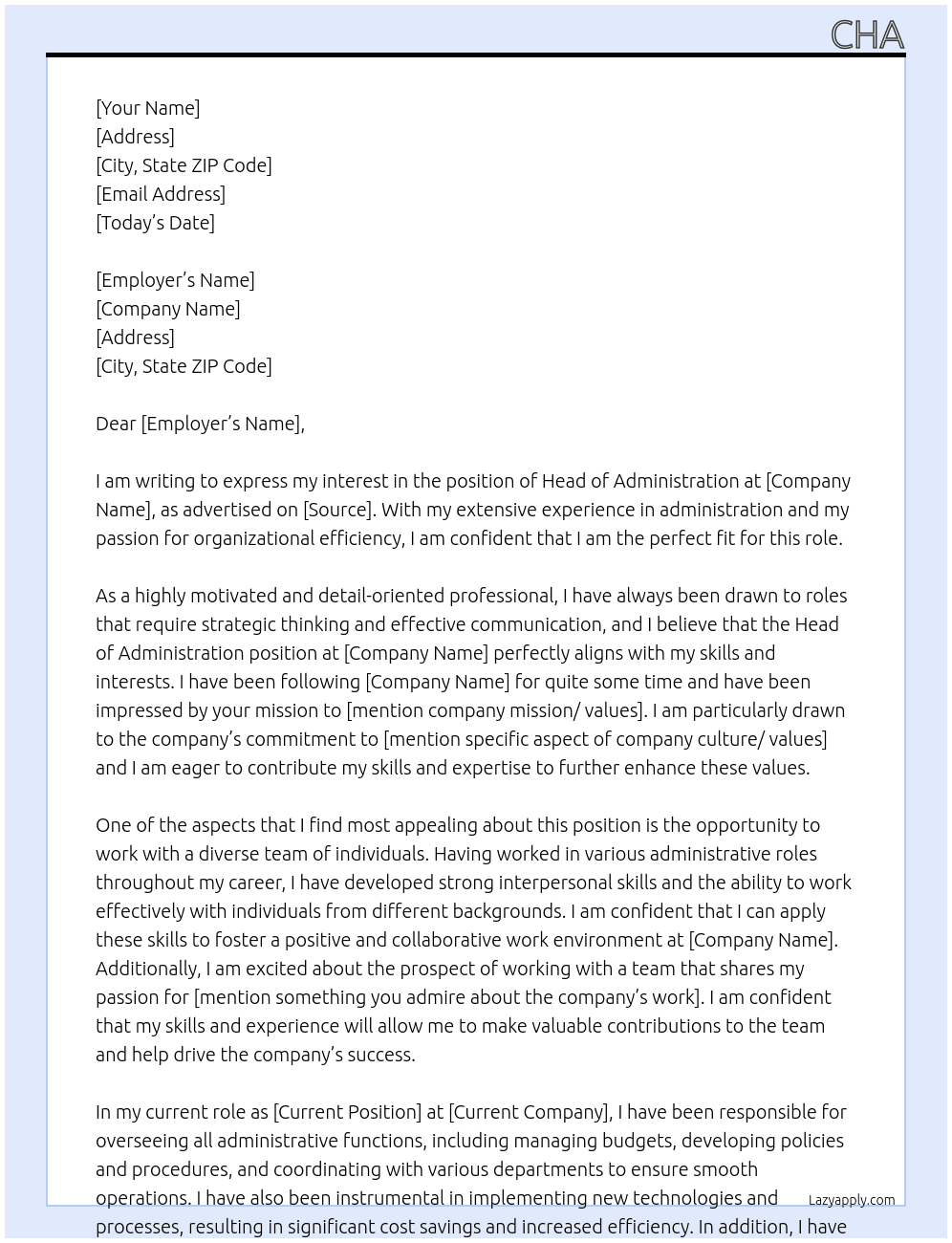 Head of Administration At FA Cover Letter