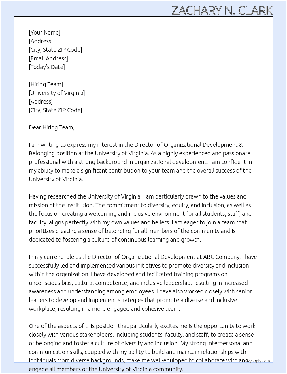 Director of Organizational Development & Belonging At University of Virginia Cover Letter