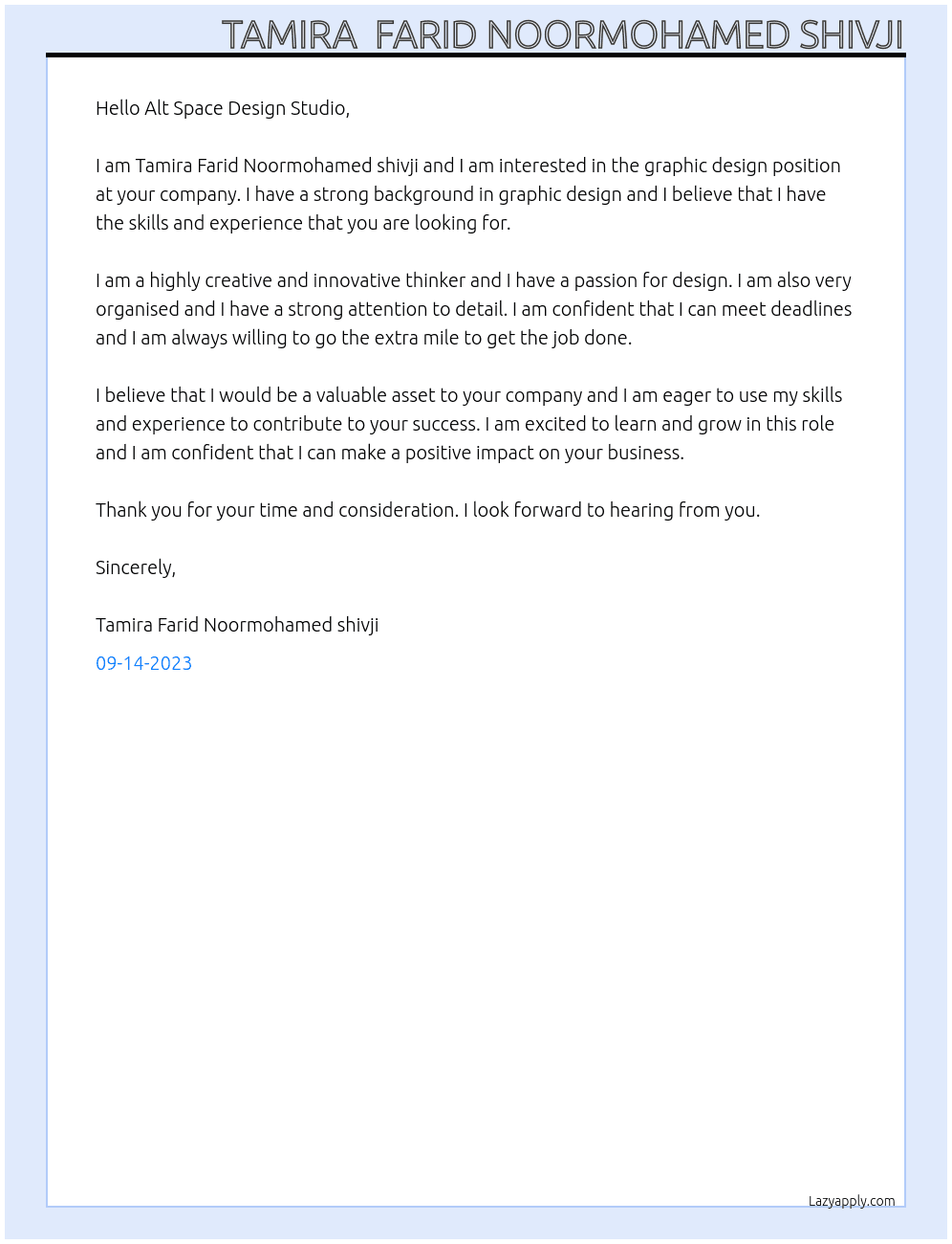 Graphic design  At Alt Space Design Studio Cover Letter