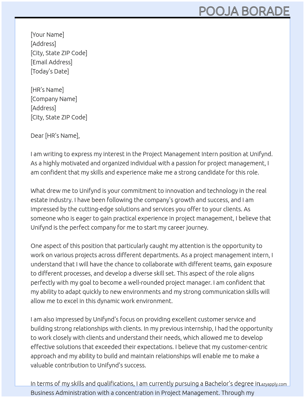 Project management intern  At Unifynd Cover Letter