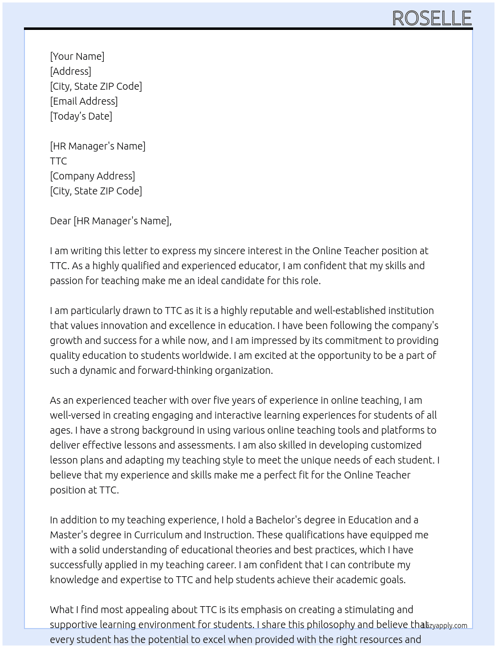 online teacher At TTC Cover Letter