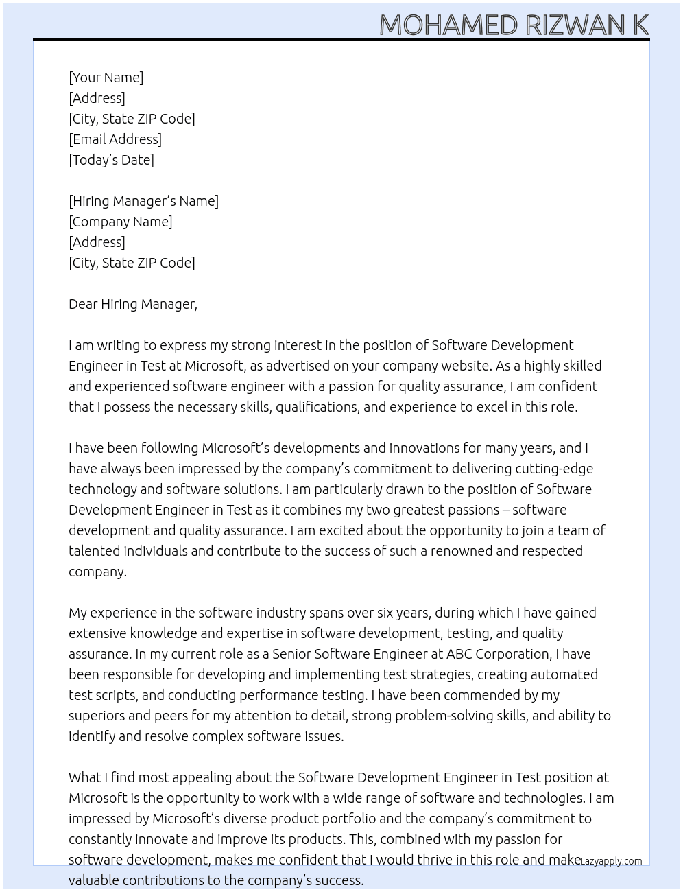 Software Development Engineer in Test At Microsoft Cover Letter