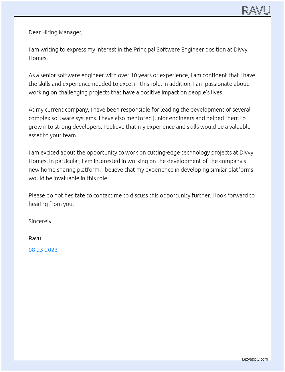 Principal Software Engineer At Divvy Homes Cover Letter