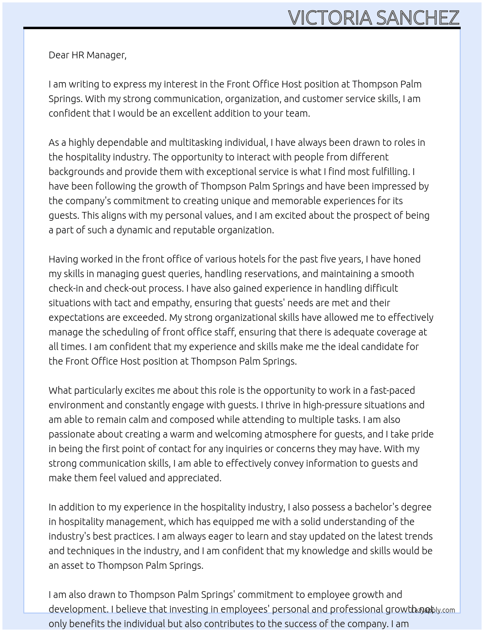 Cover letter for front office host - LazyApply