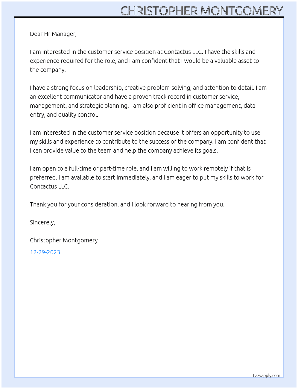 customer service At Contactus LLC Cover Letter