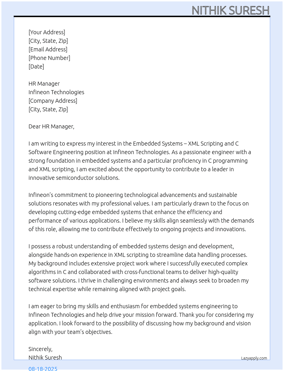 Embedded Systems – XML Scripting and C Software Engineering At Infineon Technologies Cover Letter