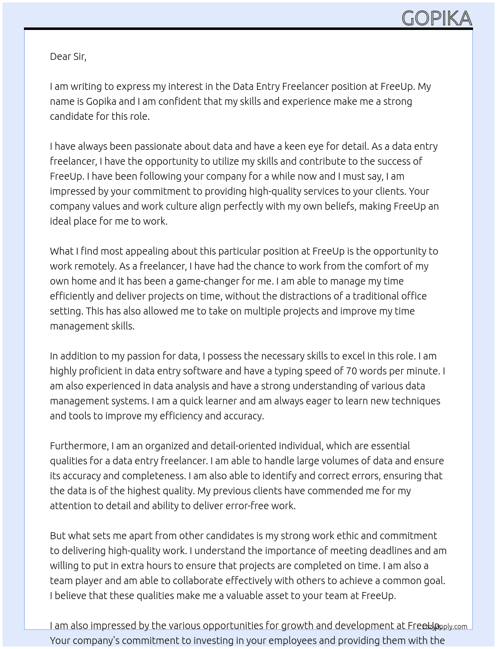 data entry freelancer At freeup Cover Letter