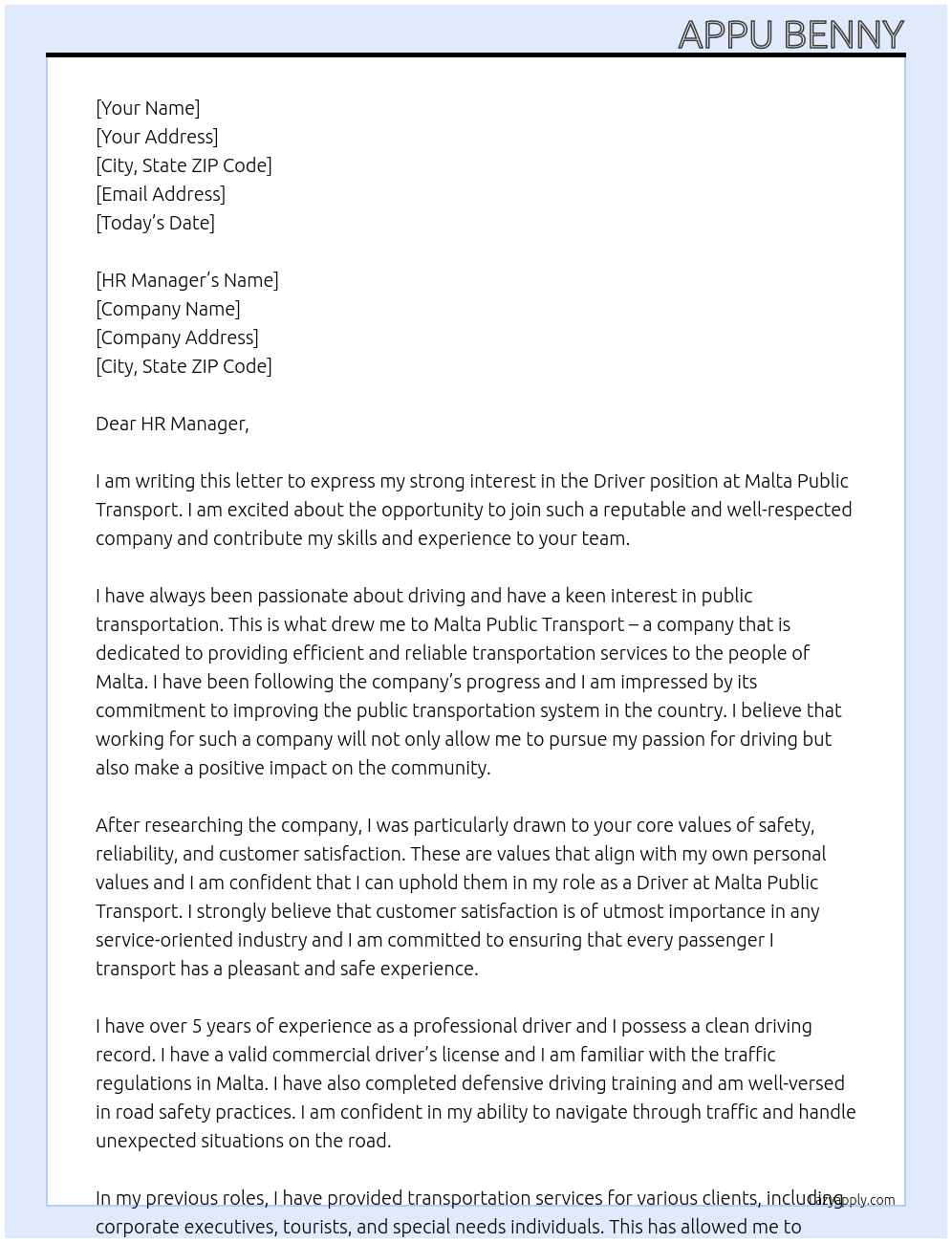 Driver At Malta Public Transport Cover Letter
