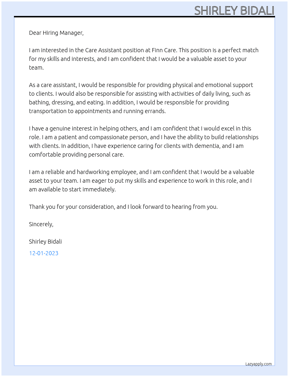 Care Assistant At Finn Care Cover Letter