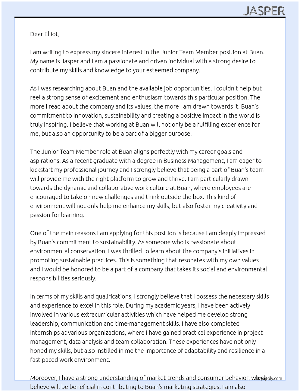 Junior Team Member At Buan Cover Letter