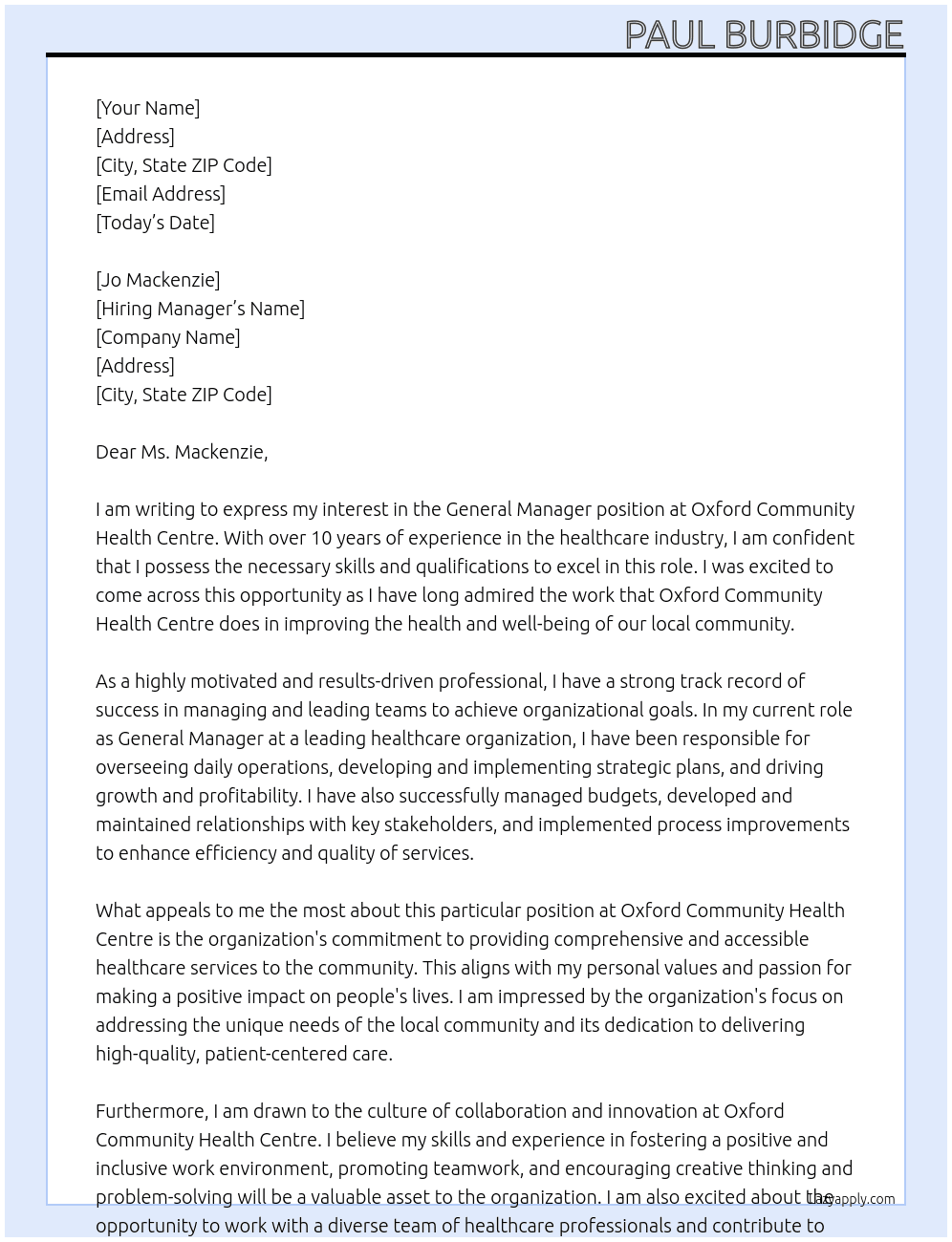 General Manager At Oxford Community Health Centre Cover Letter