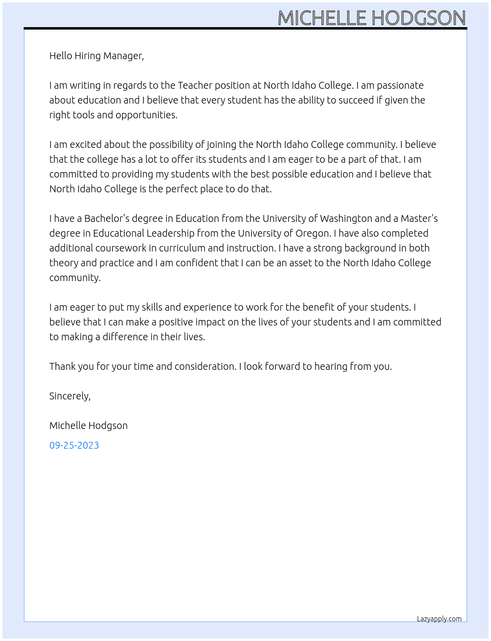 Teacher At North Idaho College Cover Letter