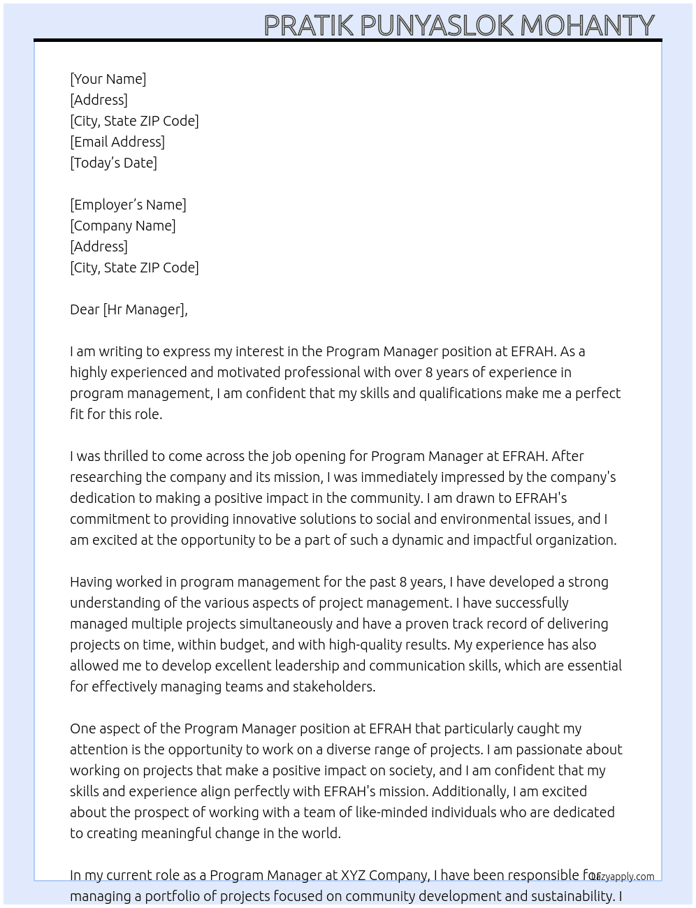 Program manager  At EFRAH Cover Letter