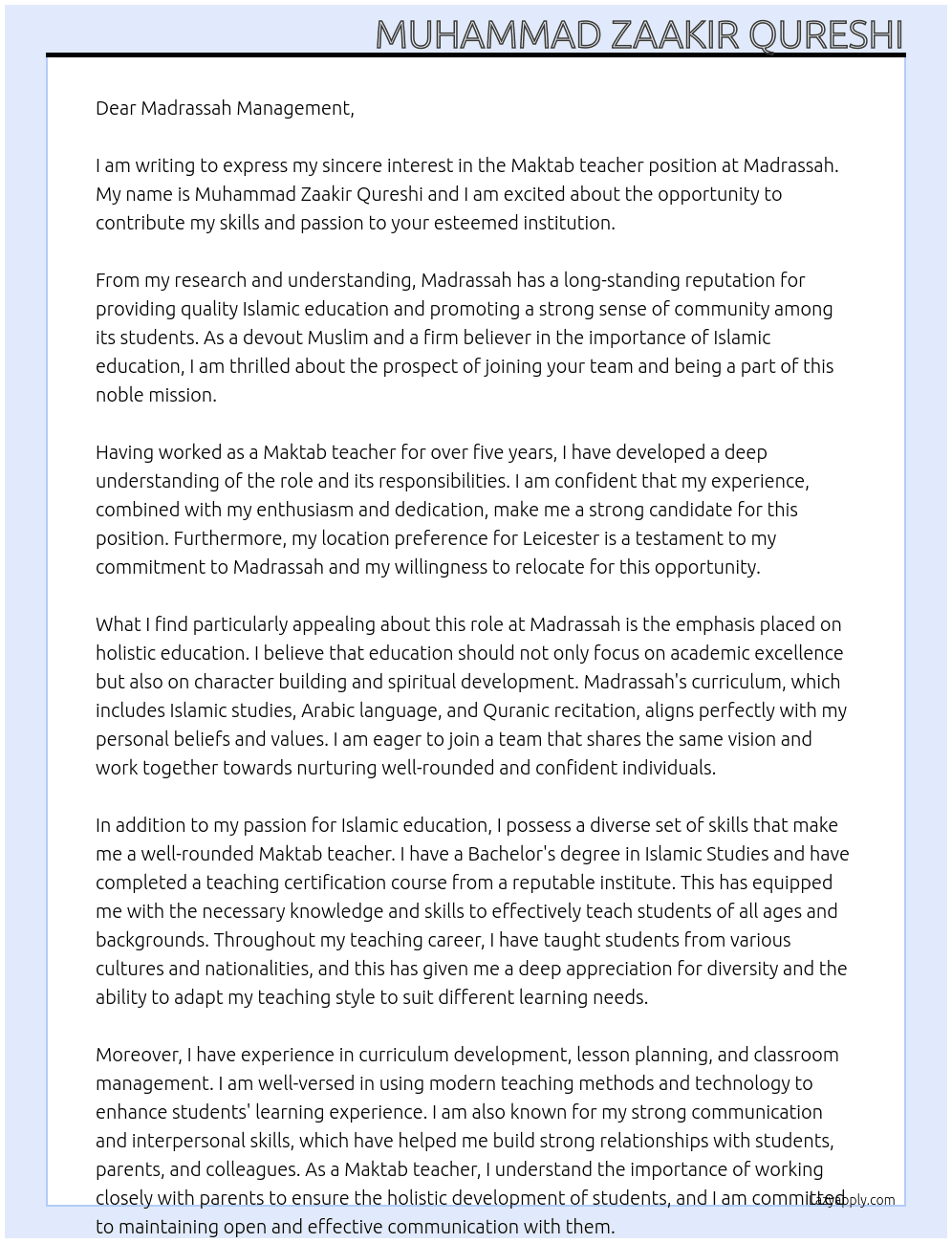Maktab teacher At Madrassah Cover Letter