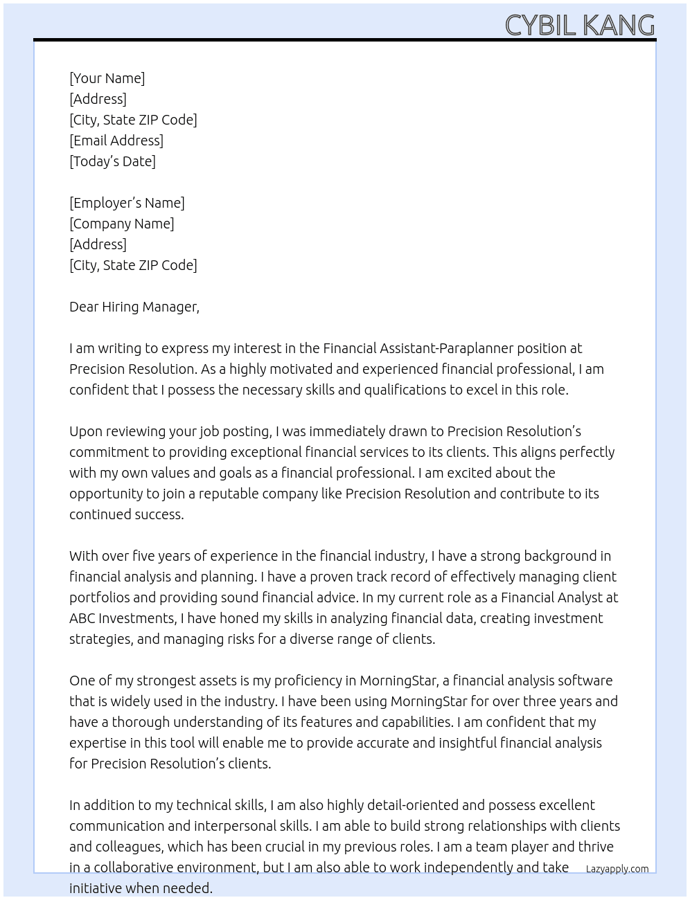 Financial Assistant - Paraplanner At Precision Resolution Cover Letter