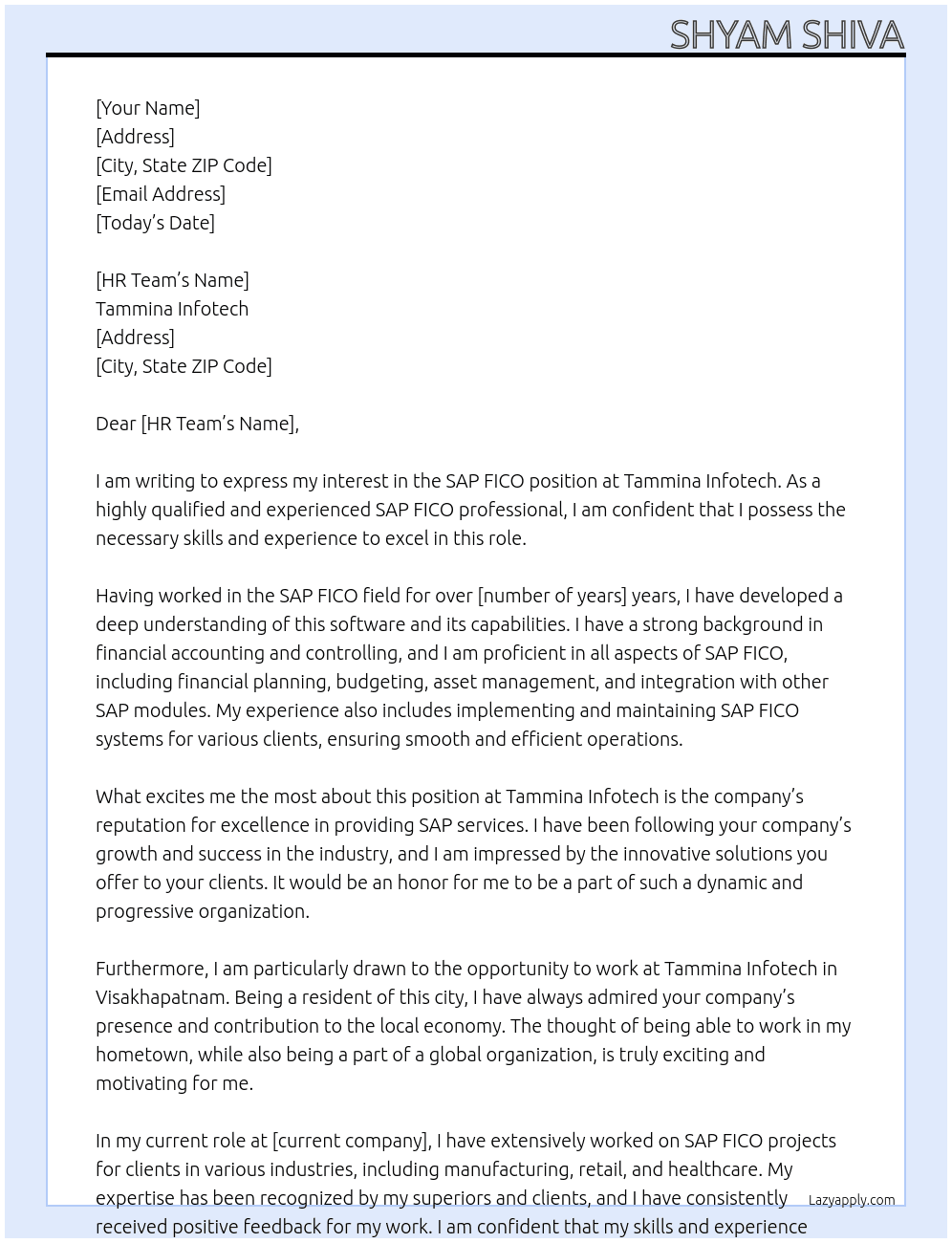 SAP fico At Tammina infotech  Cover Letter
