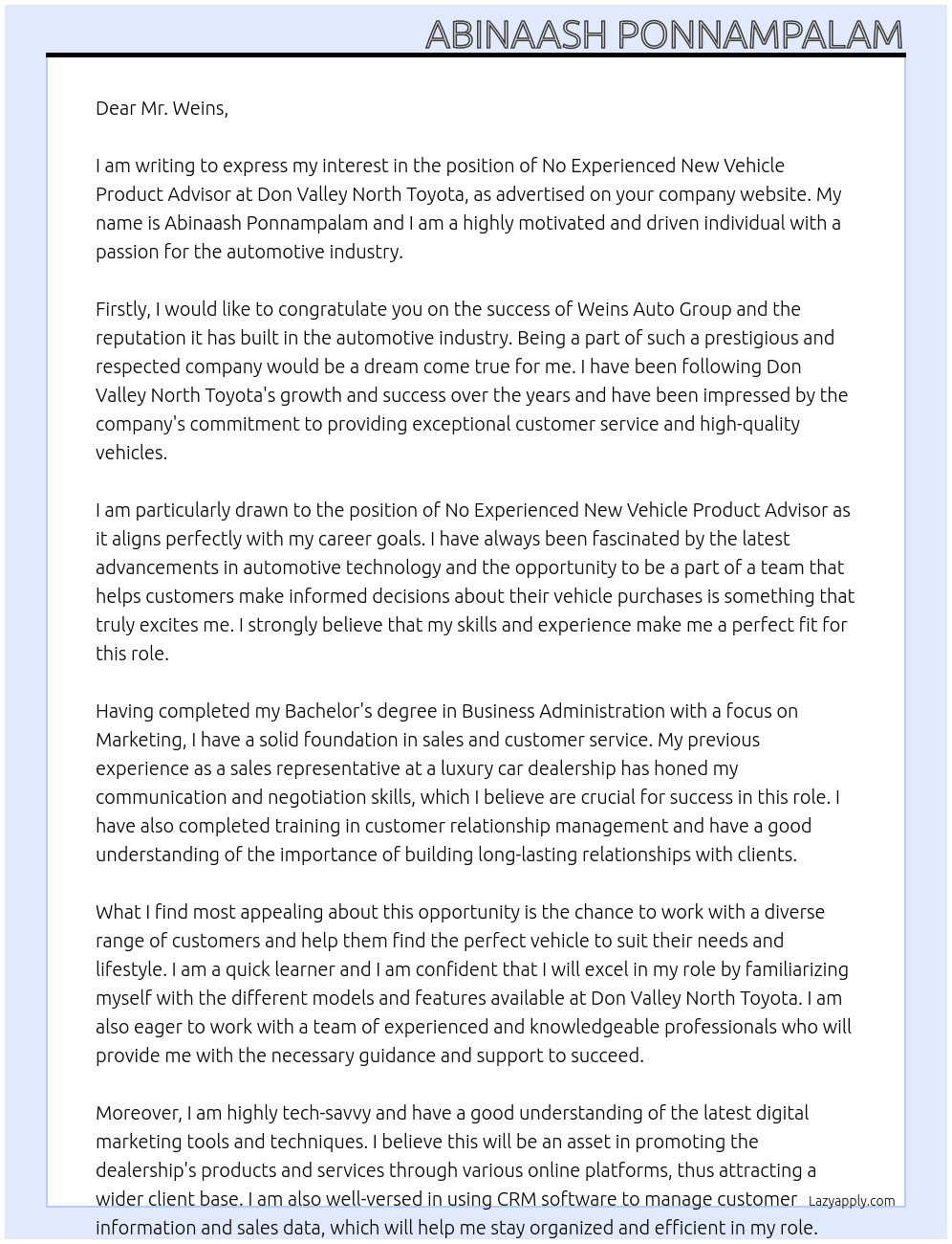 No Experienced New Vehicle Product Advisor At Don Valley North Toyota Cover Letter