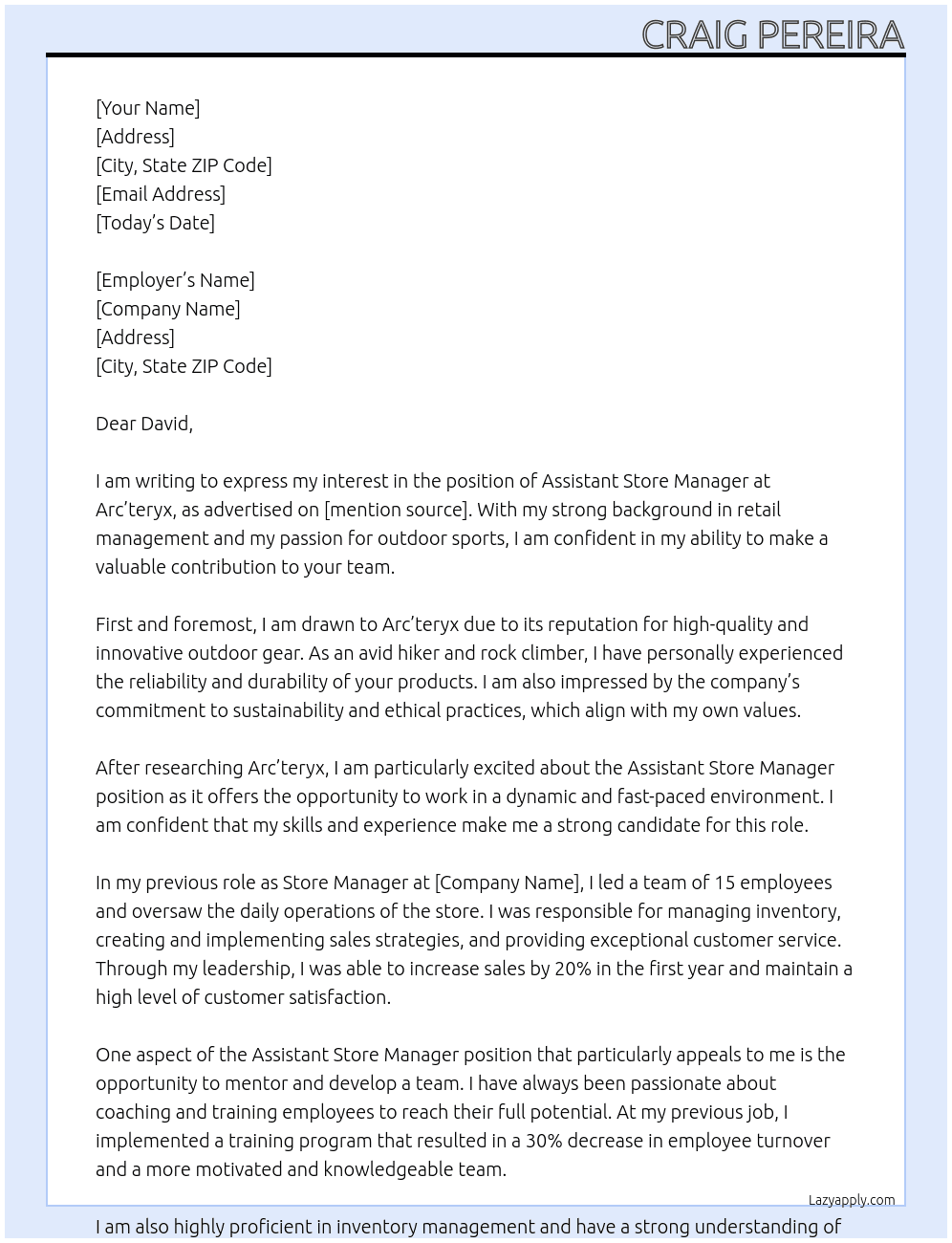 Assistant Store Manager At Arc'teryx Cover Letter