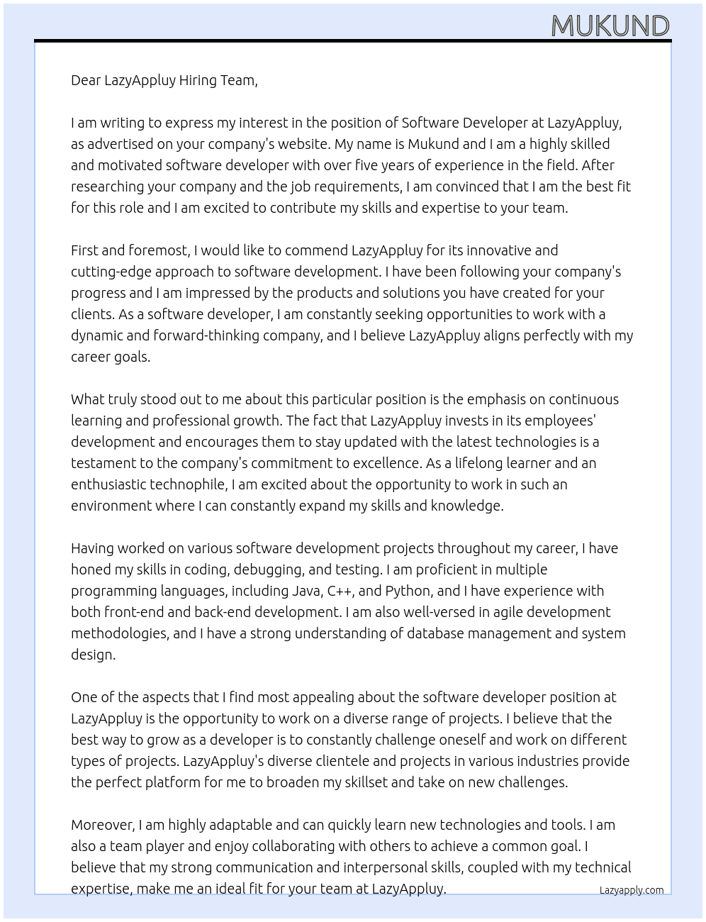 software developer At LazyAppluy Cover Letter