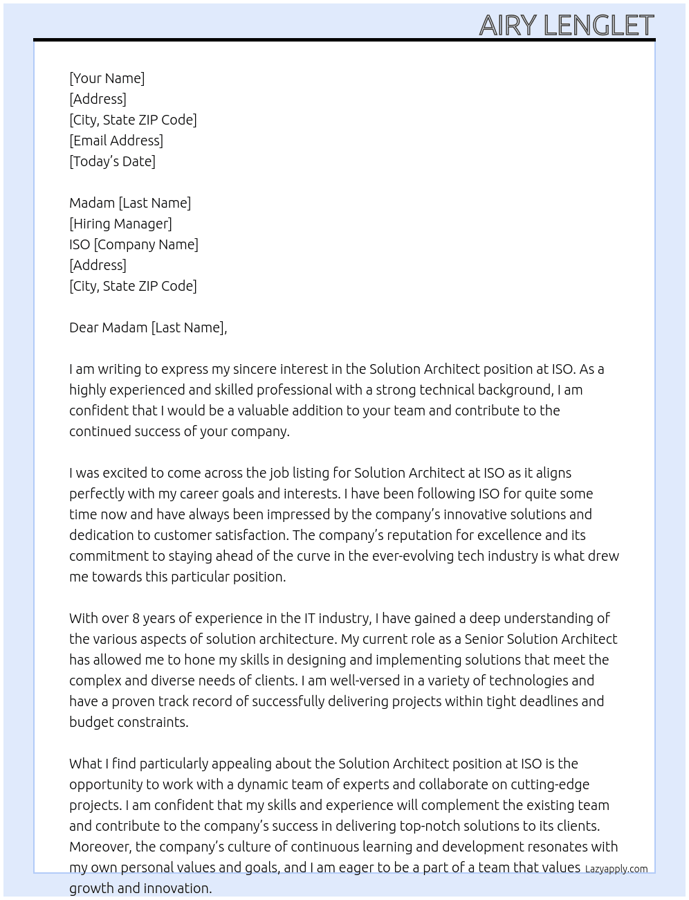 Solution Architect At ISO Cover Letter