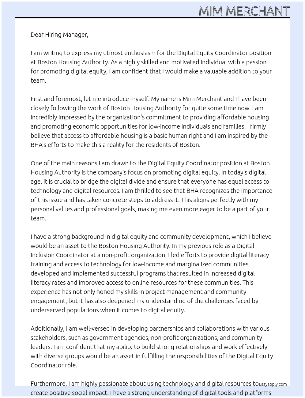 Digital Equity Coordinator At Boston Housing Authority Cover Letter