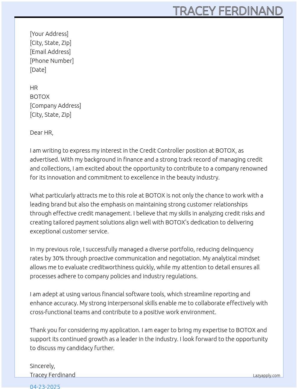 credit controller At BOTOX Cover Letter