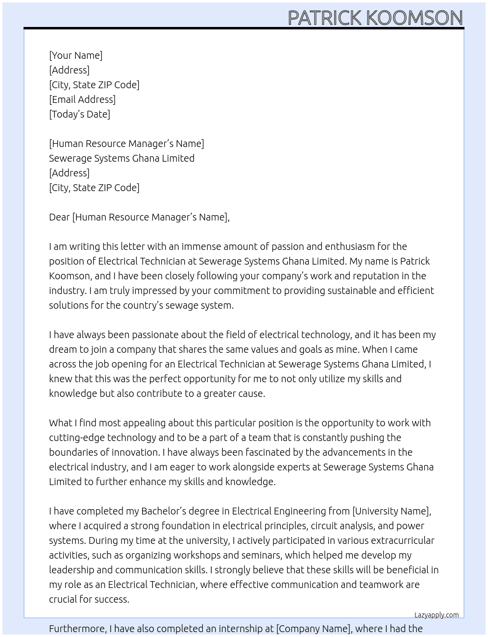 Electrical Technician At Sewerage Systems Ghana Limited Cover Letter