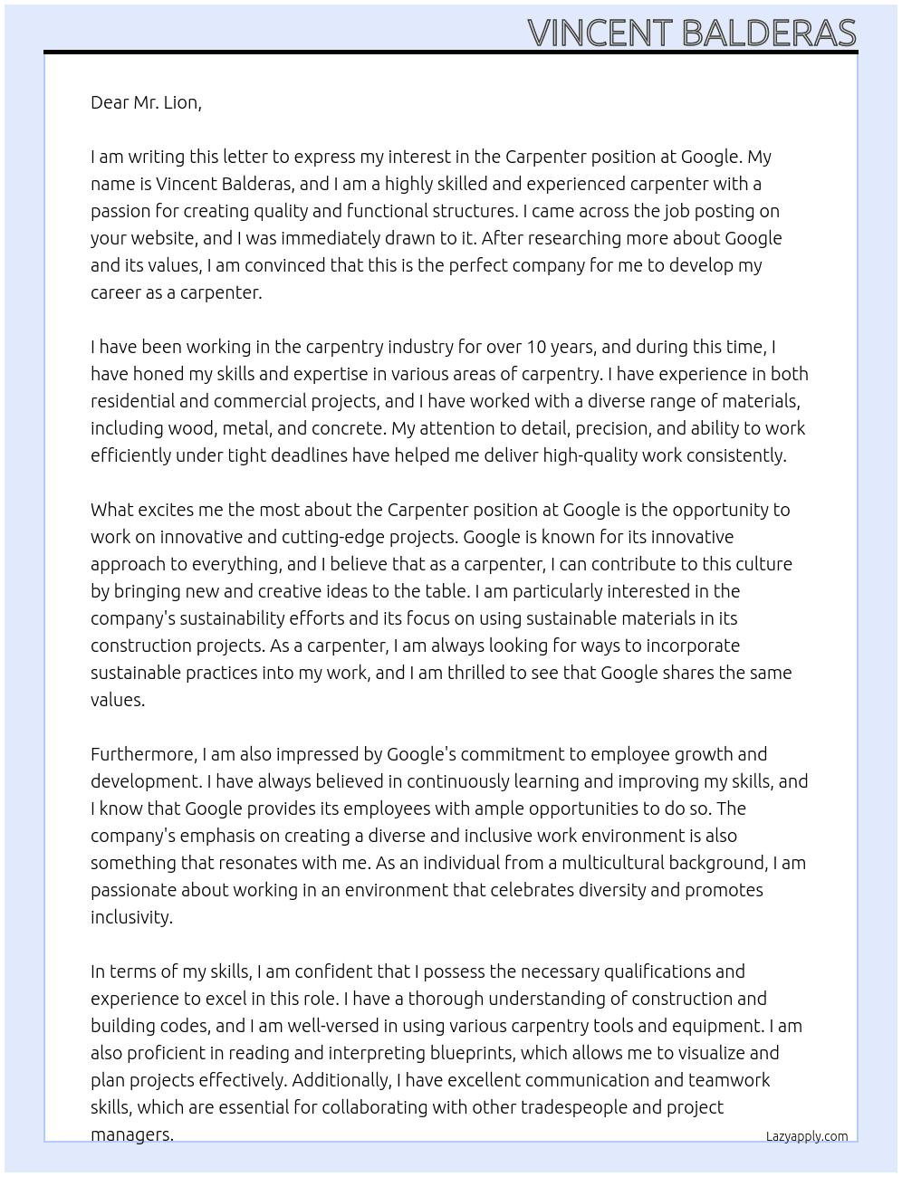 Carpenter At google Cover Letter