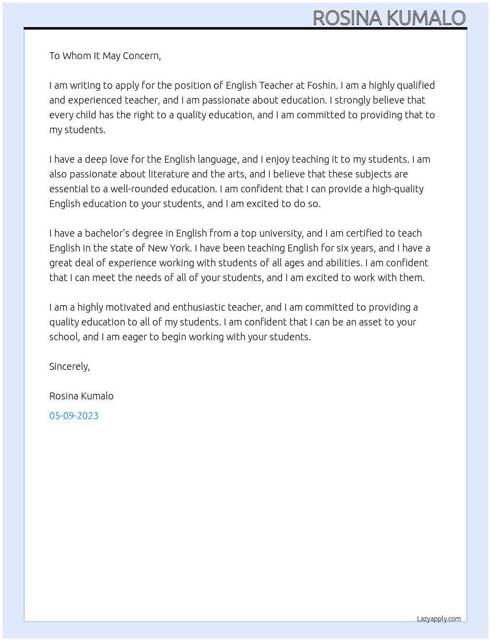 English Teacher At Foshin Cover Letter