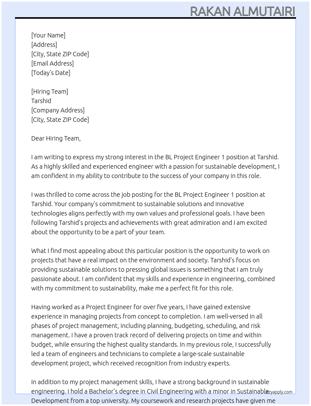 BL Project Engineer 1 At Tarshid Cover Letter