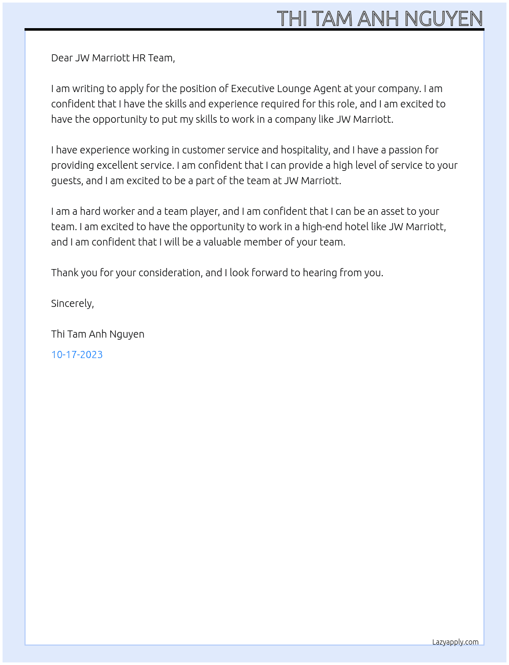 executive lounge agent At JW Marriott Cover Letter